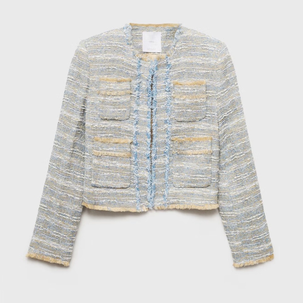 NWT Mango TWEED JACKET WITH FRAYED ENDS, sz Small